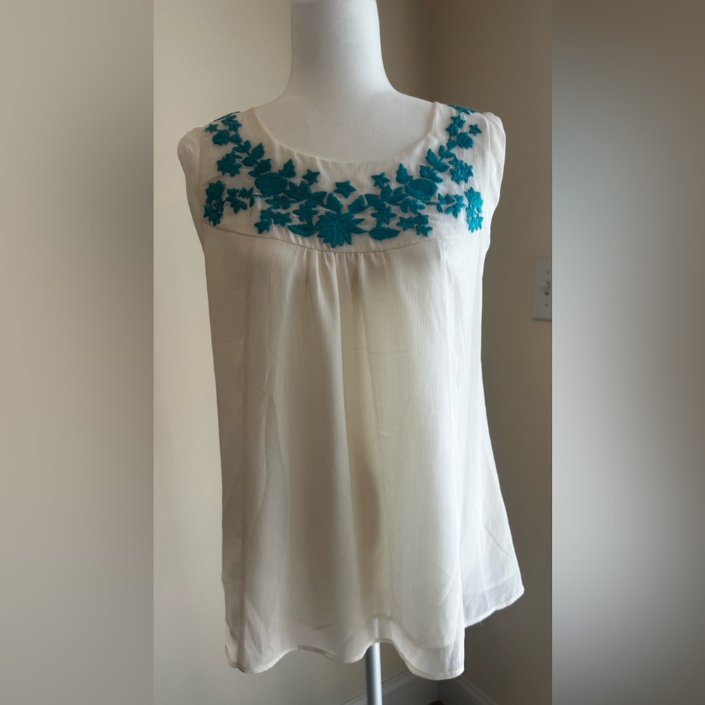 Skies Are Blue Ivory Blouse with Teal Detailing